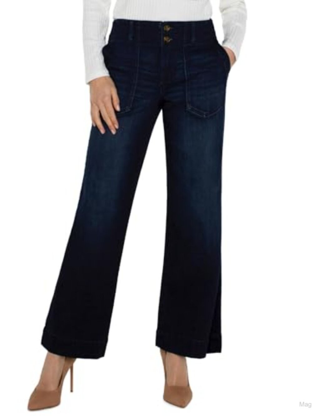Mid Rise Wide Leg Stretch Denim Jeans Patch Pocket 30 Inseam